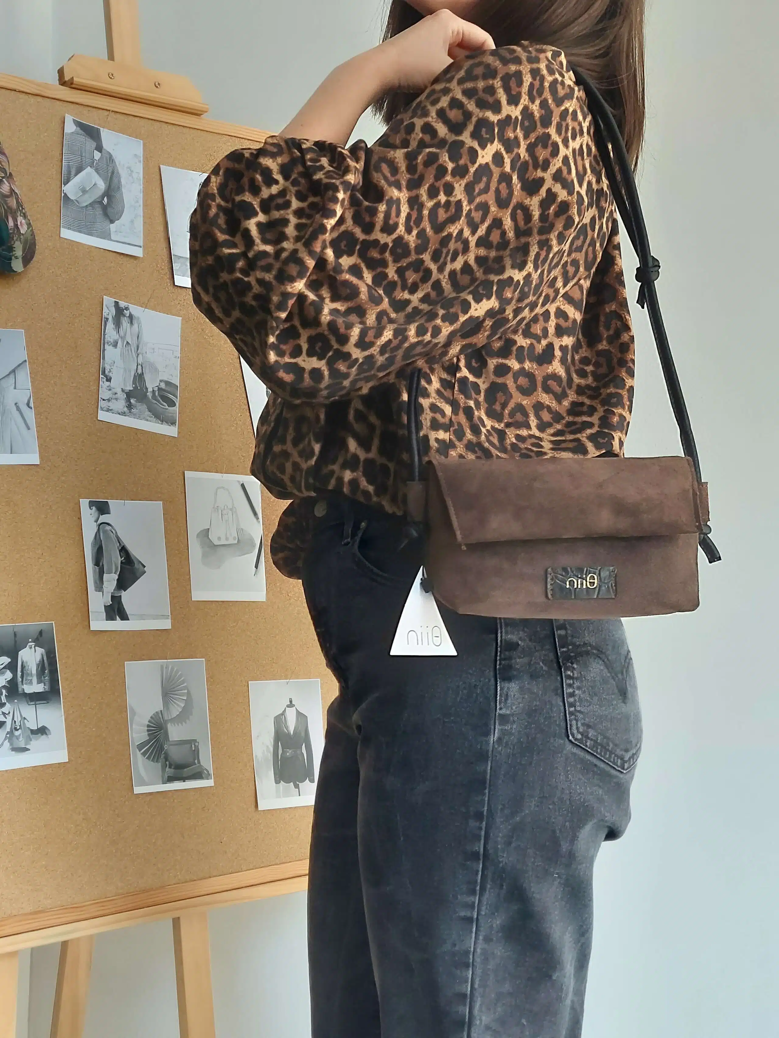 Mia Σουέτ Καφέ Δερμάτινη Τσάντα